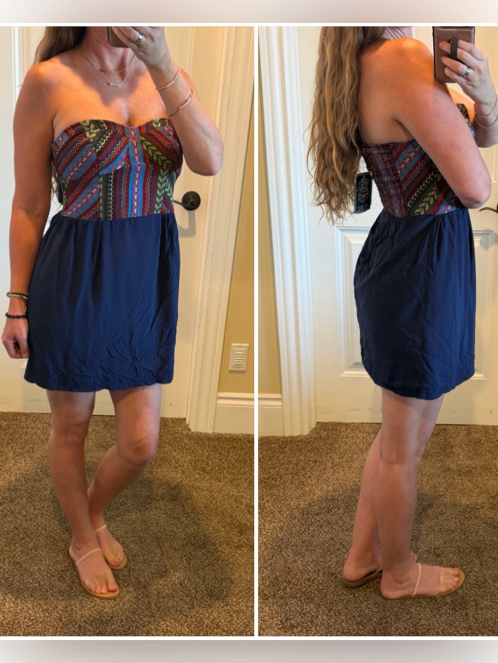 TCEC Strapless Multicolor Printed Bodice Navy Skater Summer Boho Dress Size S